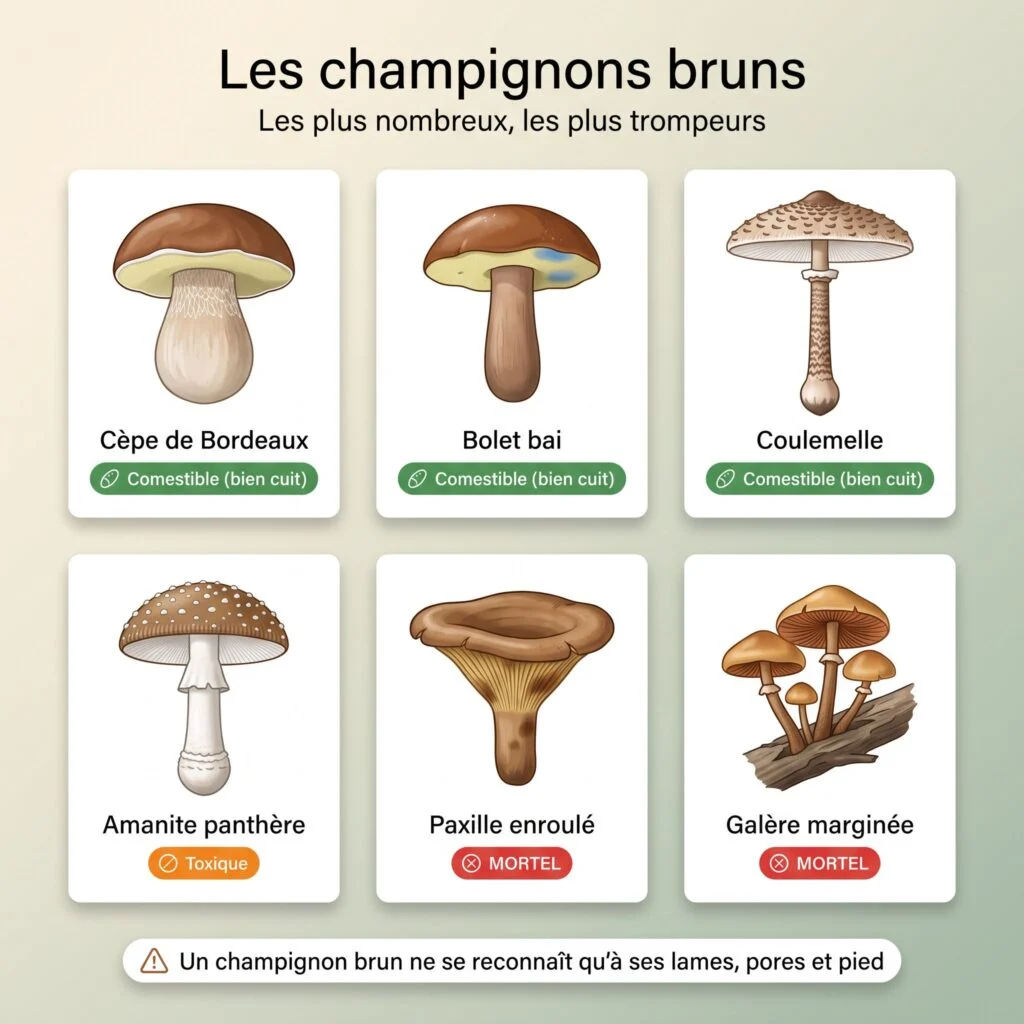 Planche des champignons bruns : cèpe de Bordeaux, bolet bai, coulemelle, amanite panthère, paxille enroulé, galère marginée