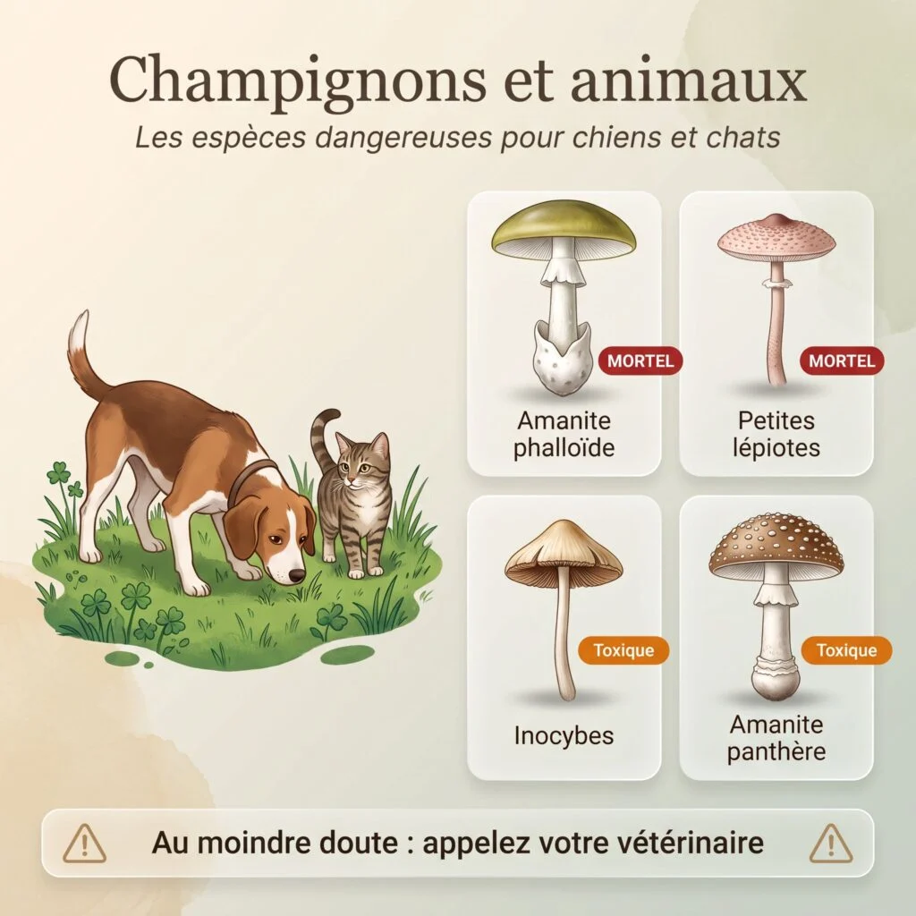 Planche : champignons dangereux pour les chiens et les chats (amanite phalloïde et petites lépiotes mortelles, inocybes et amanite panthère toxiques)