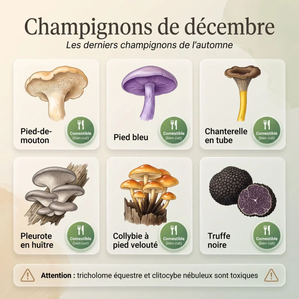 Planche des champignons de décembre : pied-de-mouton, pied bleu, chanterelle en tube, pleurote en huître, collybie à pied velouté et truffe noire