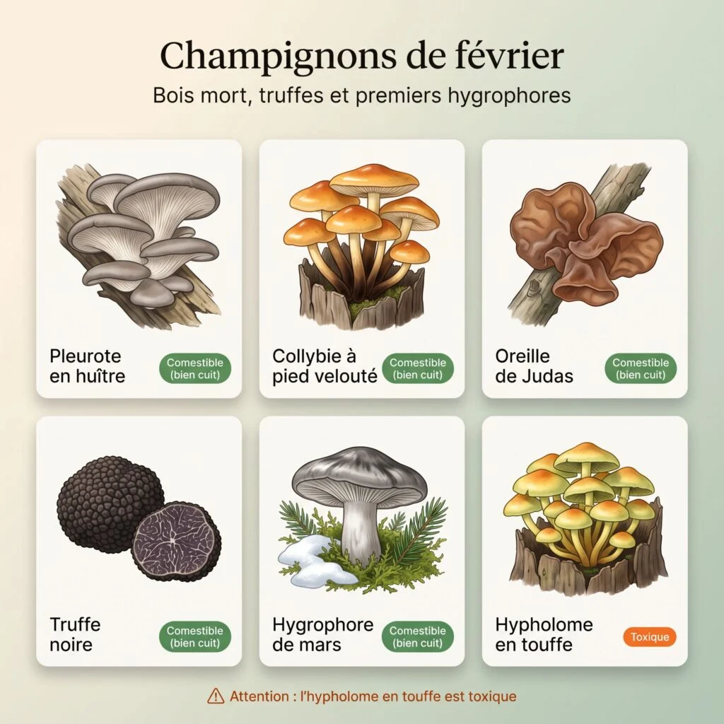 Planche des champignons de février : pleurote en huître, collybie à pied velouté, oreille de Judas, truffe noire, hygrophore de mars et hypholome en touffe (toxique)