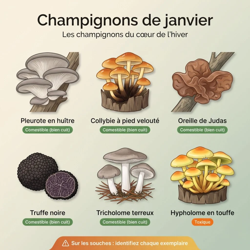 Planche des champignons de janvier : pleurote en huître, collybie à pied velouté, oreille de Judas, truffe noire, tricholome terreux et hypholome en touffe (toxique)