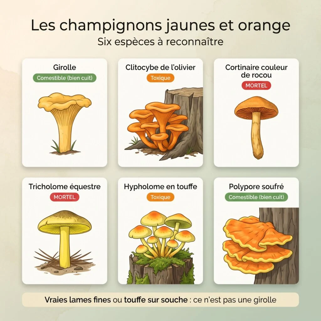 Planche des champignons jaunes et orange : girolle, clitocybe de l'olivier, cortinaire couleur de rocou, tricholome équestre, hypholome en touffe, polypore soufré