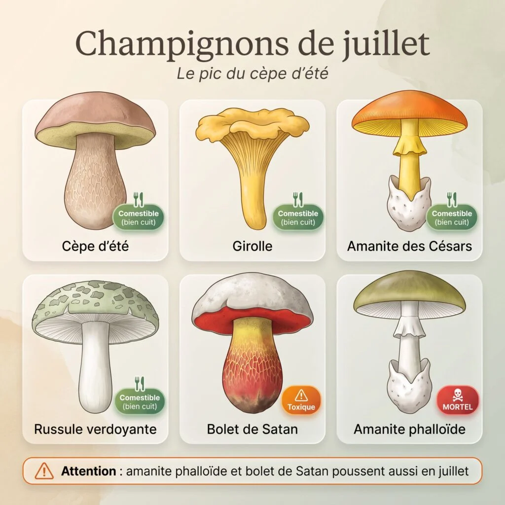 Champignons de juillet : cèpe d'été, girolle, amanite des Césars, russule verdoyante, bolet de Satan toxique et amanite phalloïde mortelle