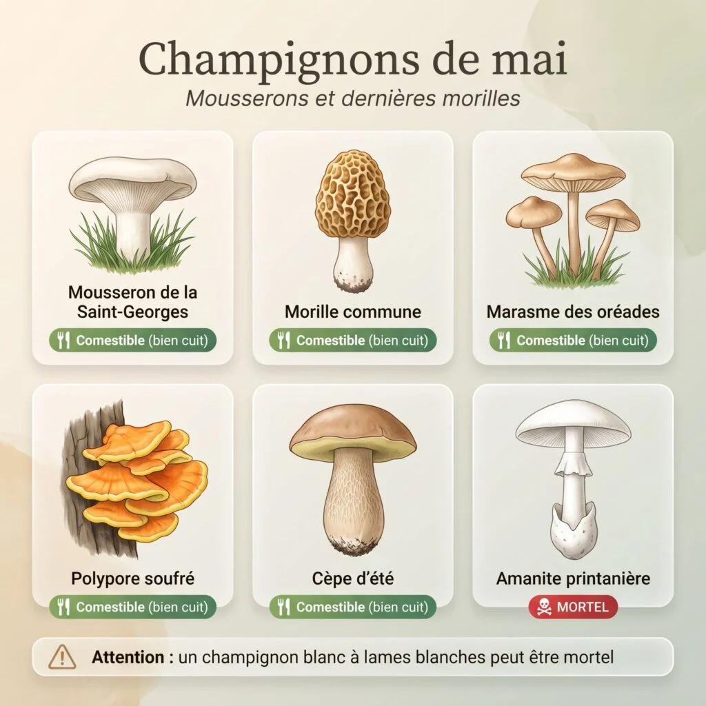 Champignons de mai : mousseron de la Saint-Georges, morille commune, marasme des oréades, polypore soufré, cèpe d'été et amanite printanière mortelle