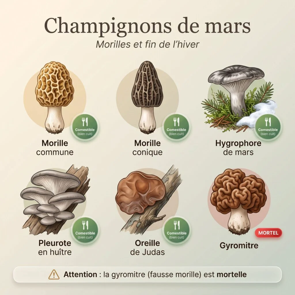 Planche des champignons de mars : morille commune, morille conique, hygrophore de mars, pleurote en huître, oreille de Judas et gyromitre (mortelle)