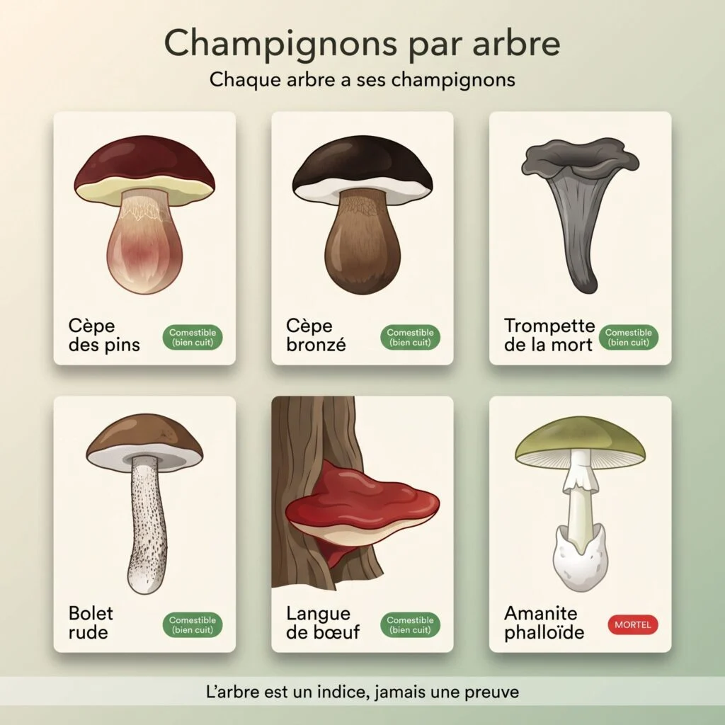 Planche Champignons par arbre : cèpe des pins, cèpe bronzé, trompette de la mort, bolet rude, langue de bœuf (comestibles bien cuits) et amanite phalloïde (mortelle)
