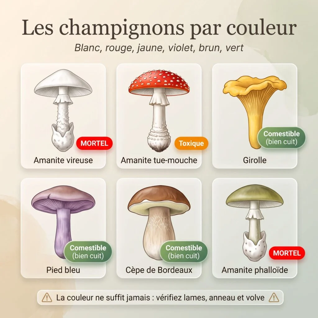 Planche : un champignon par couleur, de l'amanite vireuse blanche mortelle au cèpe brun comestible