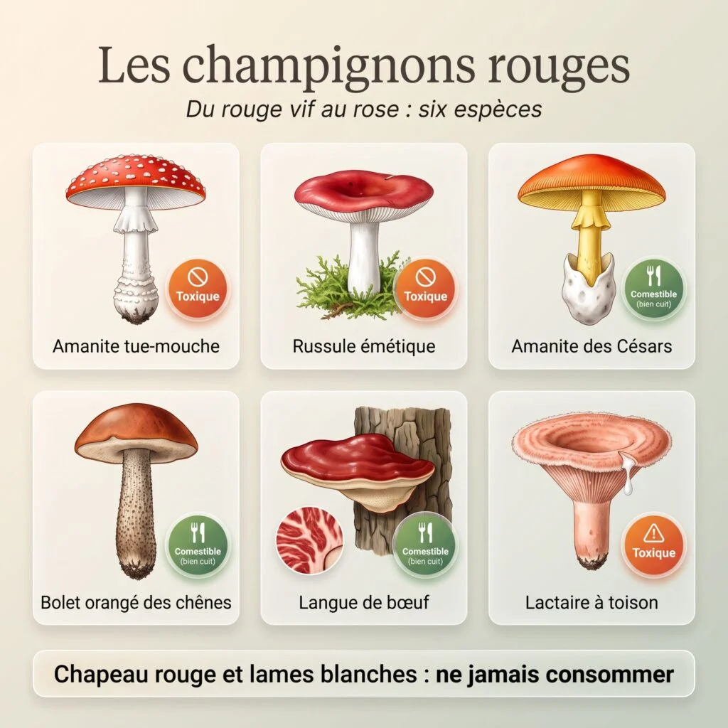 Planche des champignons rouges : amanite tue-mouche, russule émétique, amanite des Césars, bolet orangé des chênes, langue de bœuf, lactaire à toison