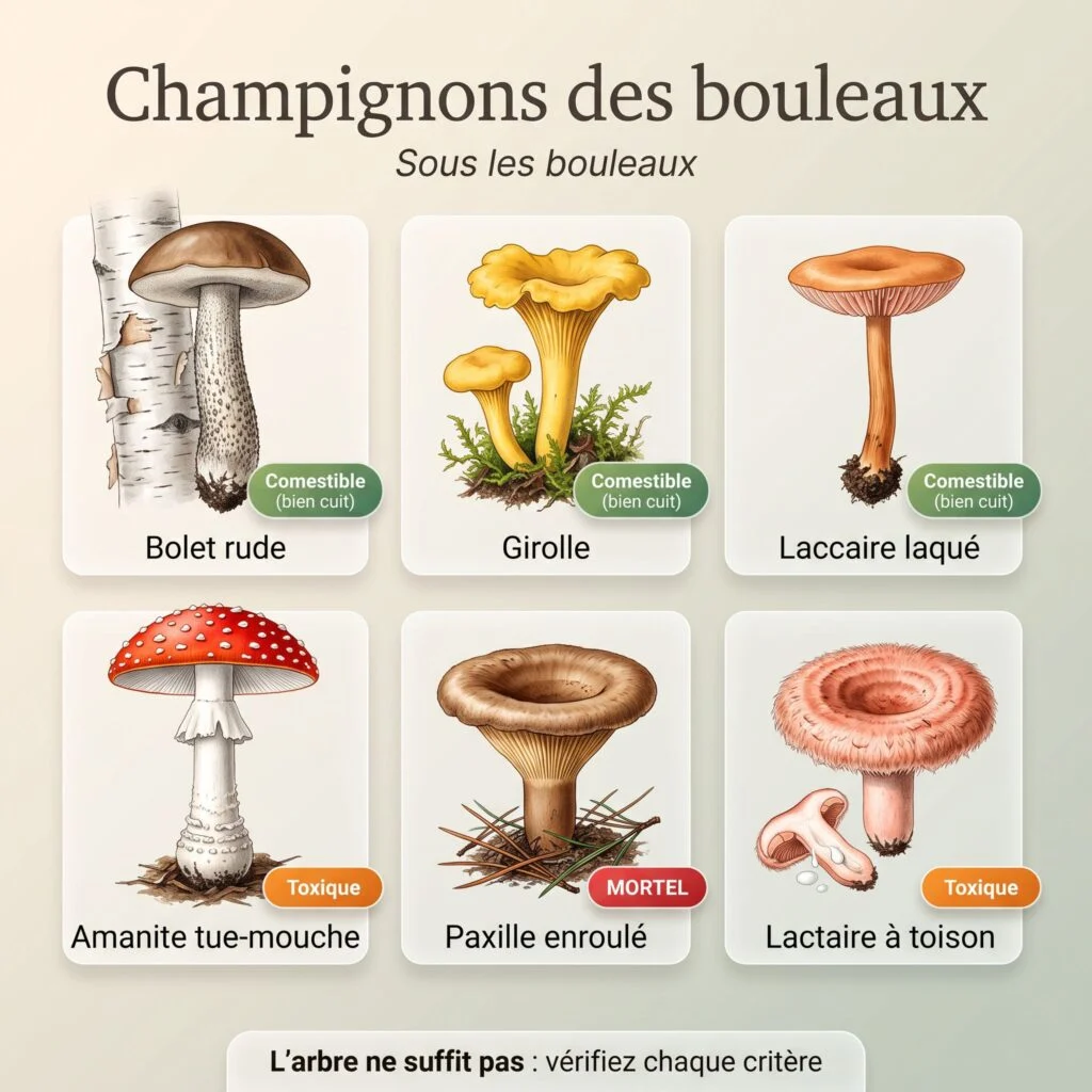 Planche des champignons des bouleaux : bolet rude, girolle, laccaire laqué (comestibles bien cuits), amanite tue-mouche et lactaire à toison (toxiques), paxille enroulé (mortel)