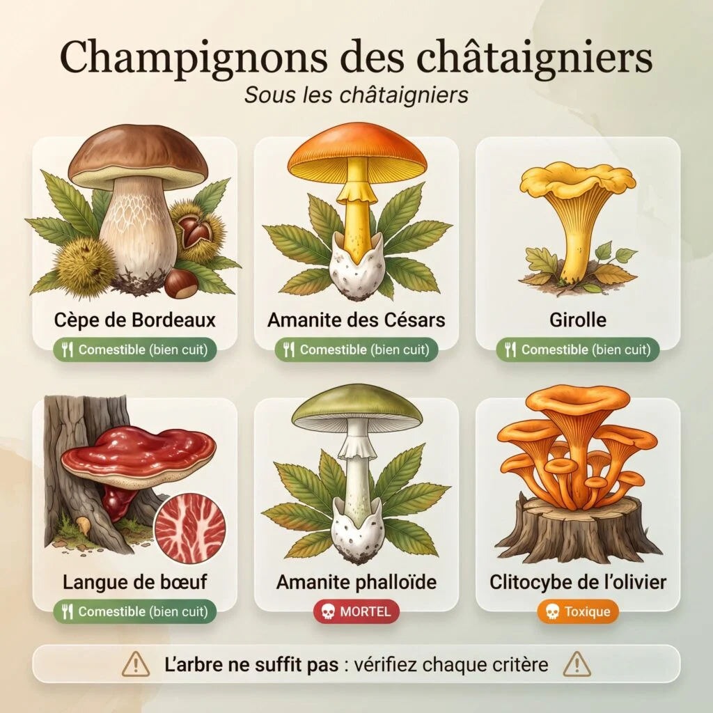 Planche des champignons des châtaigniers : cèpe de Bordeaux, amanite des Césars, girolle, langue de bœuf (comestibles bien cuits), amanite phalloïde (mortelle), clitocybe de l'olivier (toxique)