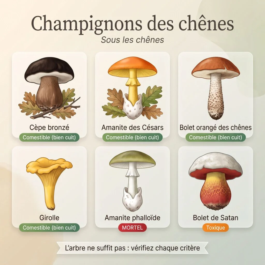 Planche des champignons des chênes : cèpe bronzé, amanite des Césars, bolet orangé des chênes, girolle (comestibles bien cuits), amanite phalloïde (mortelle), bolet de Satan (toxique)