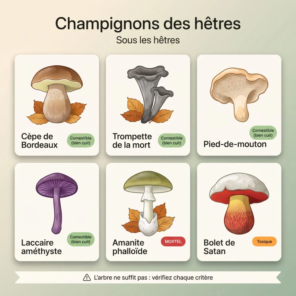 Planche des champignons des hêtres : cèpe de Bordeaux, trompette de la mort, pied-de-mouton, laccaire améthyste (comestibles bien cuits), amanite phalloïde (mortelle), bolet de Satan (toxique)