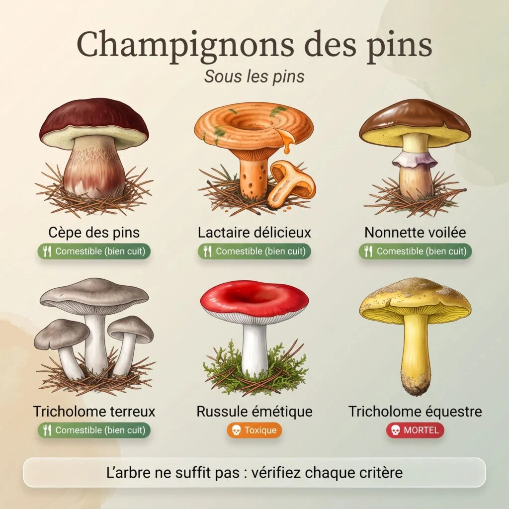 Planche des champignons des pins : cèpe des pins, lactaire délicieux, nonnette voilée, tricholome terreux (comestibles bien cuits), russule émétique (toxique), tricholome équestre (mortel)