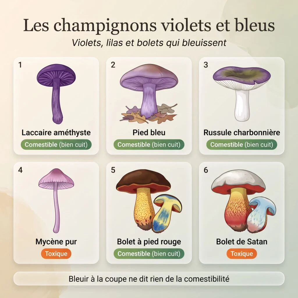 Planche des champignons violets et bleus : laccaire améthyste, pied bleu, russule charbonnière, mycène pur, bolet à pied rouge, bolet de Satan