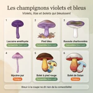 Champignons violets et bleus : planche illustrée