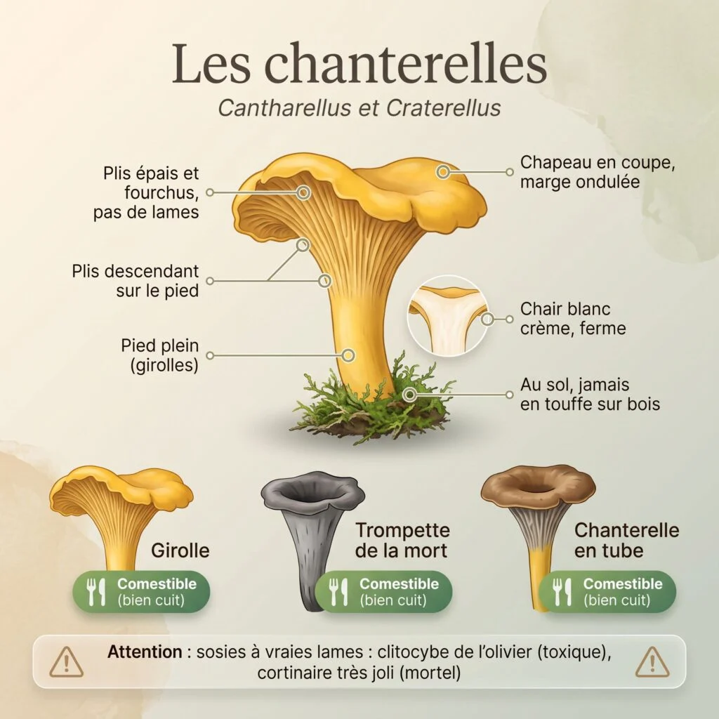 Planche illustrée des chanterelles : plis épais et fourchus de la girolle, avec la trompette de la mort et la chanterelle en tube