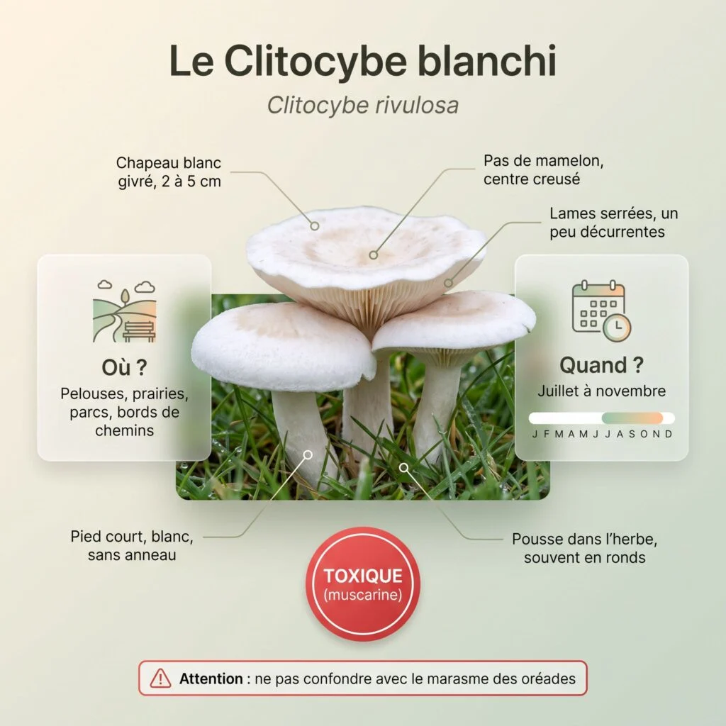 Infographie clitocybe blanchi : petit chapeau blanc givré sans mamelon, lames serrées un peu décurrentes, pied court blanc sans anneau, pelouses de juillet à novembre, toxique (muscarine)