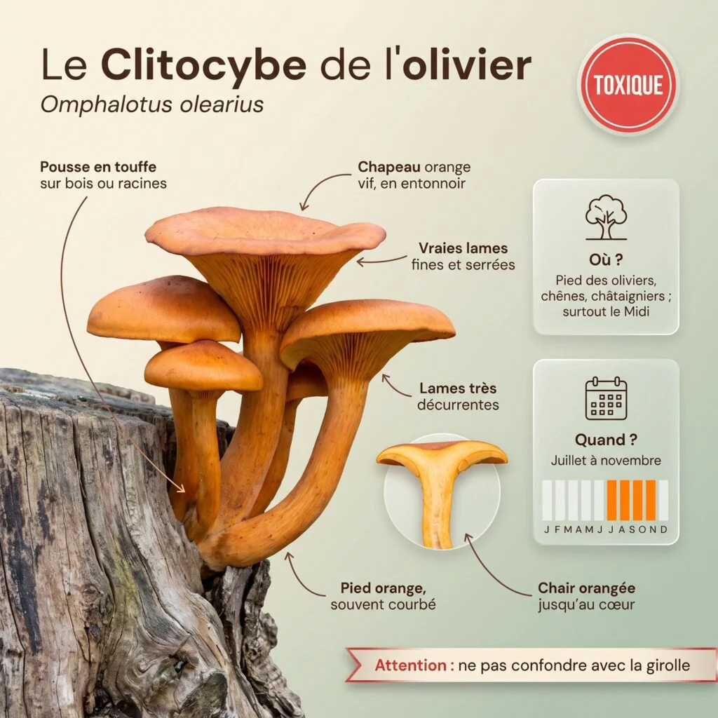 Infographie clitocybe de l'olivier : touffe de champignons orange vif sur souche, chapeau en entonnoir, vraies lames fines, serrées et très décurrentes, pied orange courbé, chair orangée, toxique
