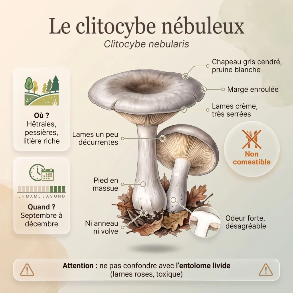 Infographie d'identification du clitocybe nébuleux (Clitocybe nebularis) : chapeau gris cendré à pruine blanche, lames crème très serrées un peu décurrentes, pied en massue sans anneau ni volve, non comestible