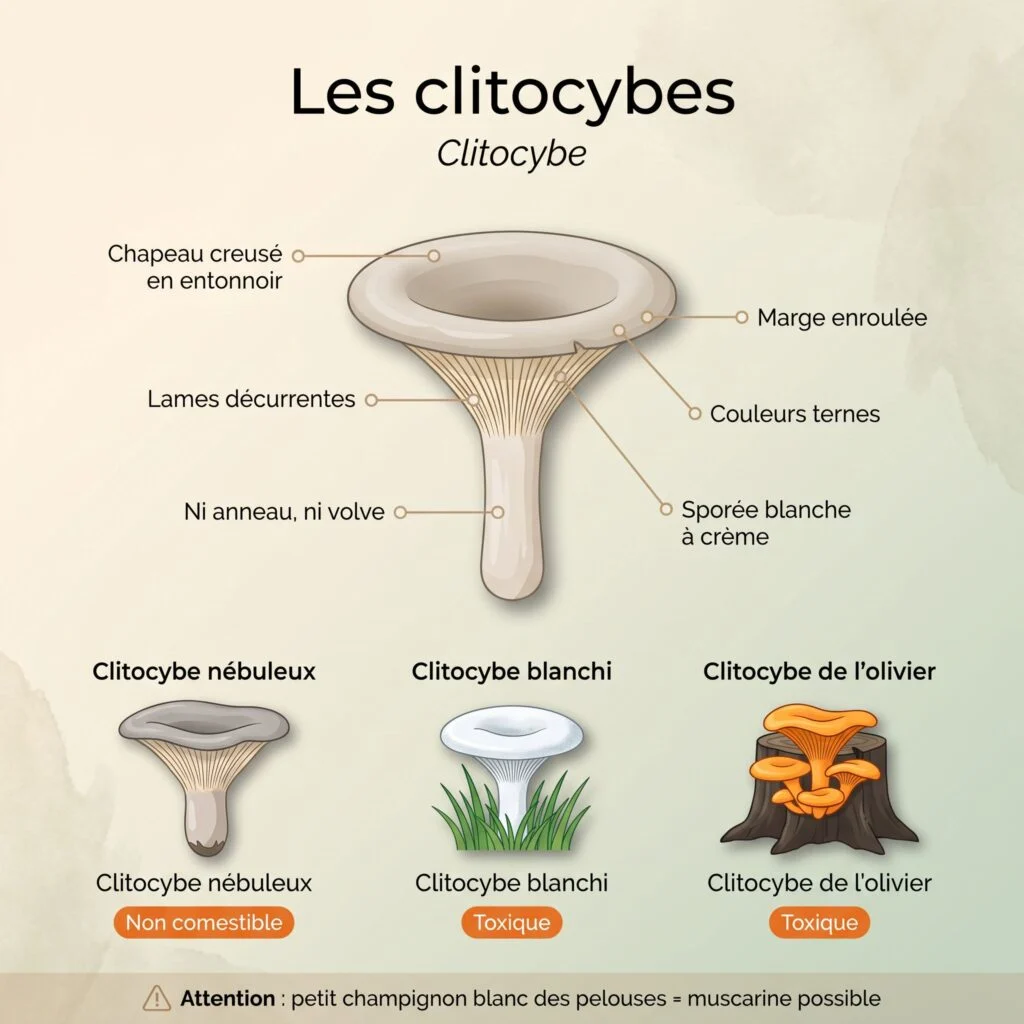 Planche illustrée des clitocybes : lames décurrentes et chapeau en entonnoir, avec le clitocybe nébuleux, le clitocybe blanchi et le clitocybe de l'olivier