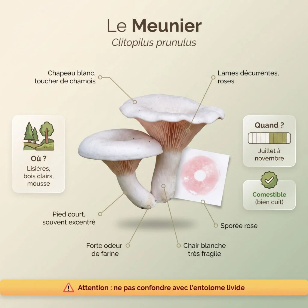 Infographie d'identification du meunier (Clitopilus prunulus) : chapeau blanc au toucher de chamois, lames décurrentes roses, pied court excentré, forte odeur de farine, sporée rose