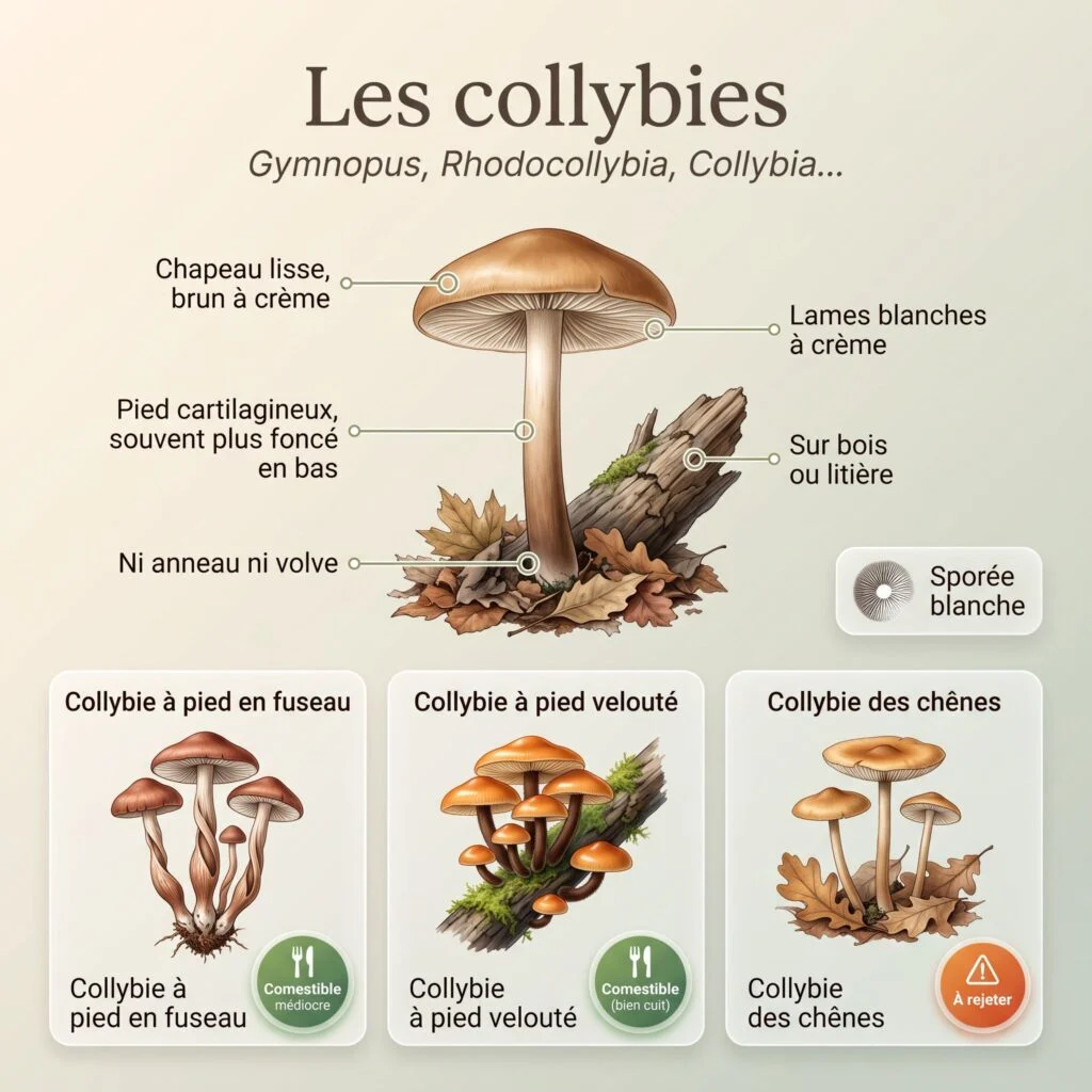 Planche des collybies : collybie type à chapeau lisse brun, lames blanches à crème, pied cartilagineux sans anneau ni volve ; collybie à pied en fuseau, collybie à pied velouté et collybie des chênes