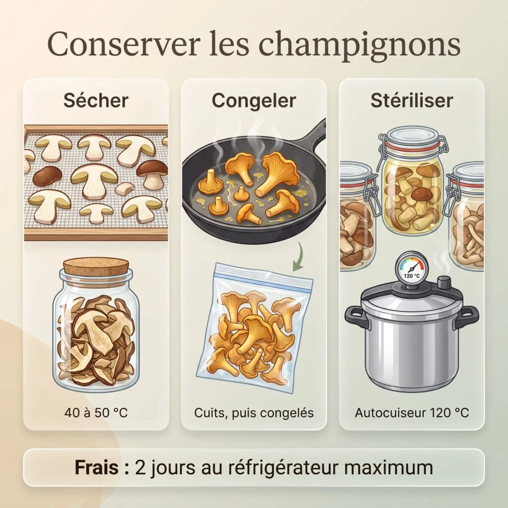 Planche : conserver les champignons, séchage des cèpes à 40-50 °C, congélation des girolles après cuisson, stérilisation en bocaux à l'autocuiseur