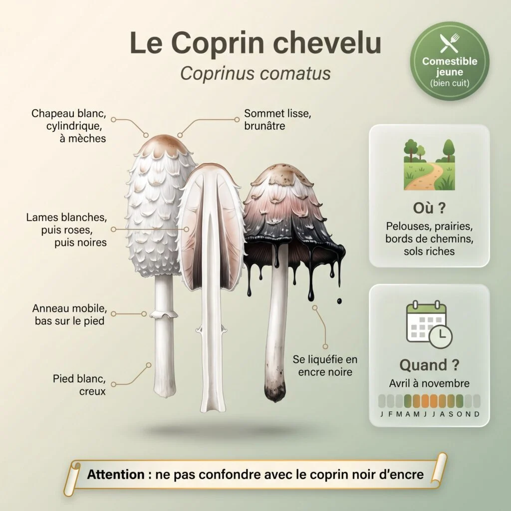 Infographie coprin chevelu : chapeau blanc cylindrique à mèches, sommet brunâtre, lames blanches puis roses puis noires, anneau mobile, pied blanc creux, se liquéfie en encre noire