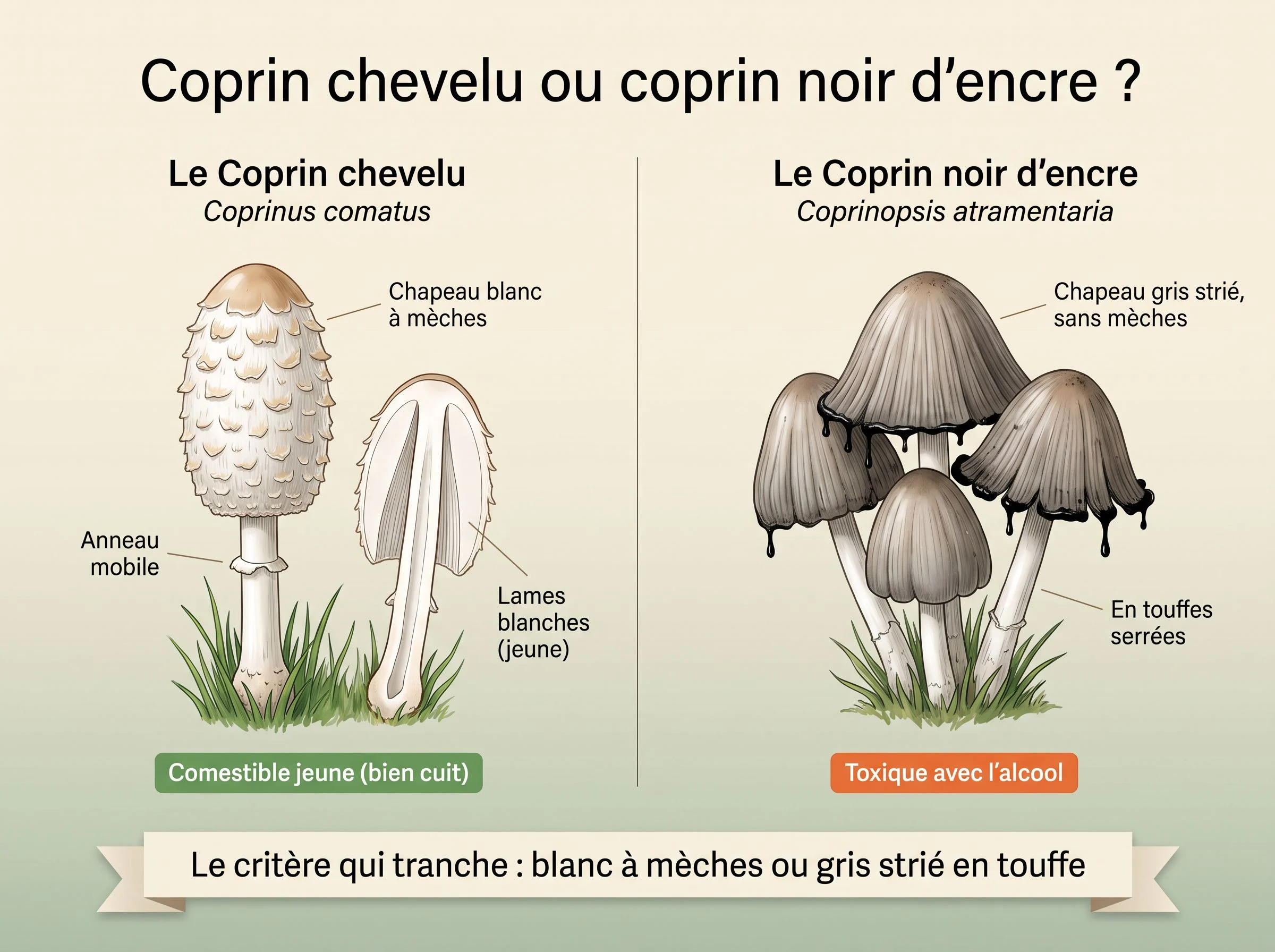 Coprin chevelu ou coprin noir d’encre : comparaison