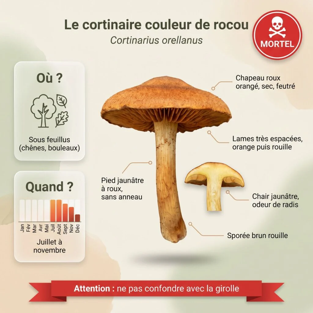 Infographie cortinaire couleur de rocou : chapeau roux orangé sec et feutré, lames espacées orange puis rouille, pied jaunâtre sans anneau, champignon mortel