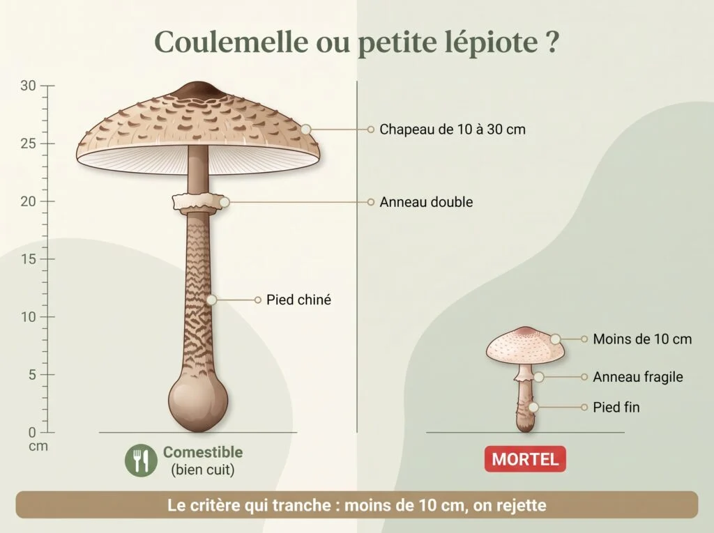 Coulemelle ou petite lépiote : comparaison — coulemelle de 10 à 30 cm au pied chiné et anneau double, petite lépiote mortelle de moins de 10 cm au pied fin et anneau fragile