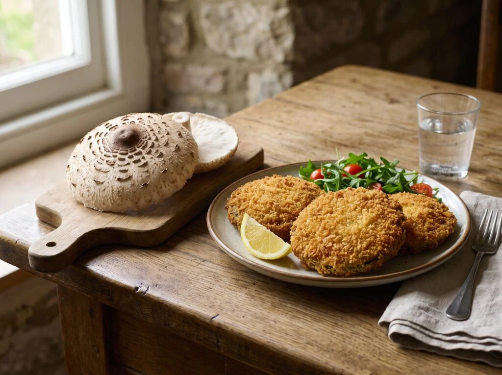 Coulemelles panées dorées servies avec des quartiers de citron et une salade verte, à côté d'un chapeau cru de coulemelle à squames brunes