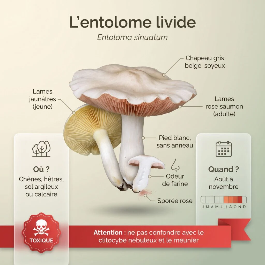 Infographie entolome livide : chapeau gris beige soyeux, lames jaunâtres chez le jeune puis rose saumon, pied blanc sans anneau, odeur de farine, sporée rose, champignon toxique