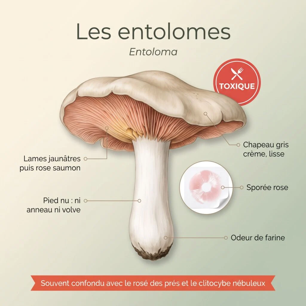 Planche des entolomes : lames jaunâtres puis rose saumon, pied nu sans anneau ni volve, odeur de farine, sporée rose