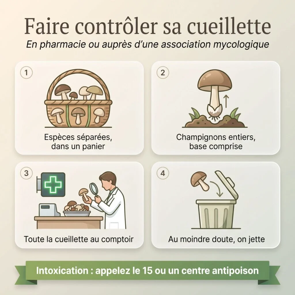 Faire contrôler sa cueillette en pharmacie : espèces séparées, champignons entiers, toute la cueillette au comptoir, au moindre doute on jette