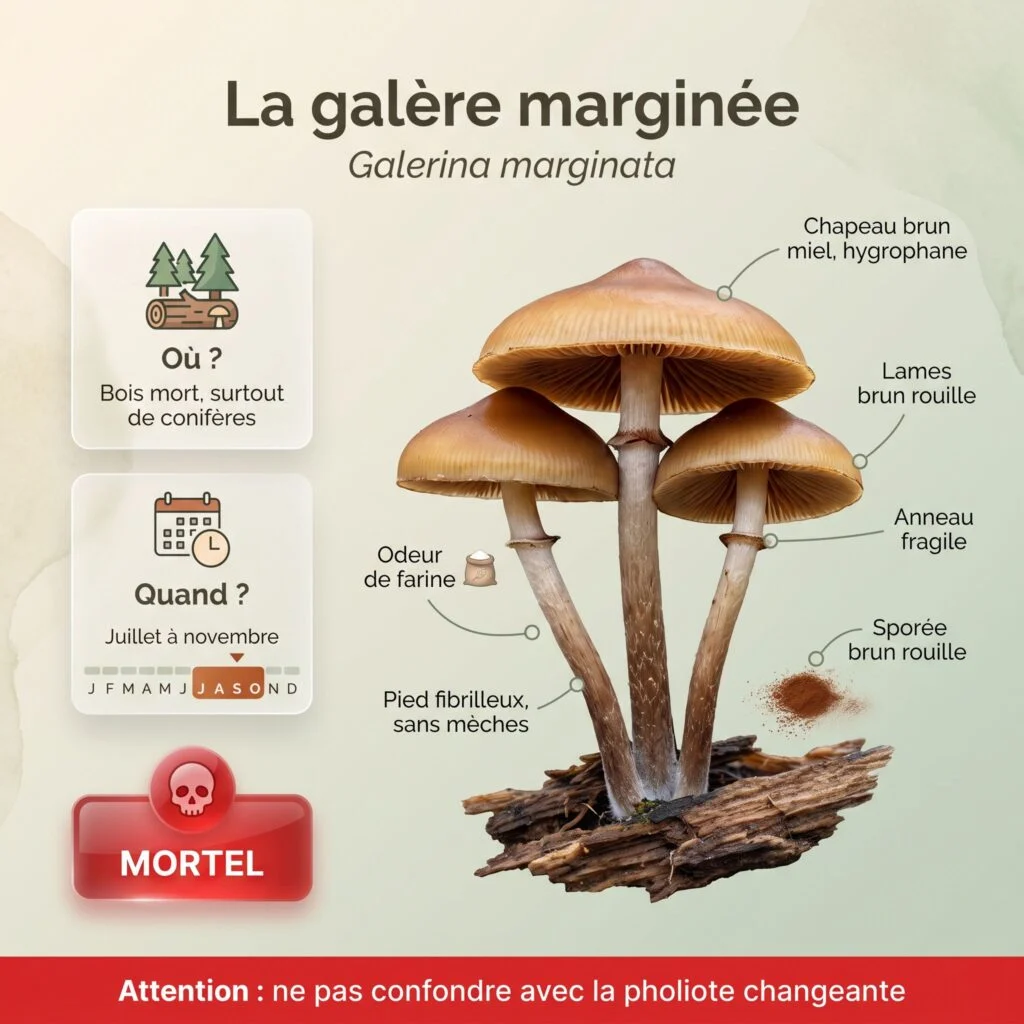 Infographie galère marginée : petits chapeaux brun miel hygrophanes, lames brun rouille, anneau fragile, pied fibrilleux sans mèches, sur bois mort, champignon mortel