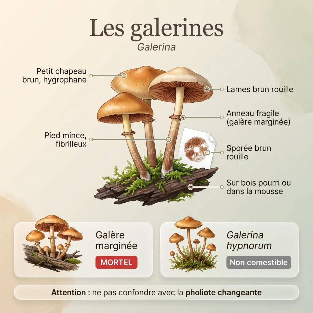 Planche des galerines : petits champignons bruns hygrophanes à lames brun rouille, anneau fragile, pied fibrilleux, sur bois pourri et mousse ; galère marginée (mortelle) et Galerina hypnorum