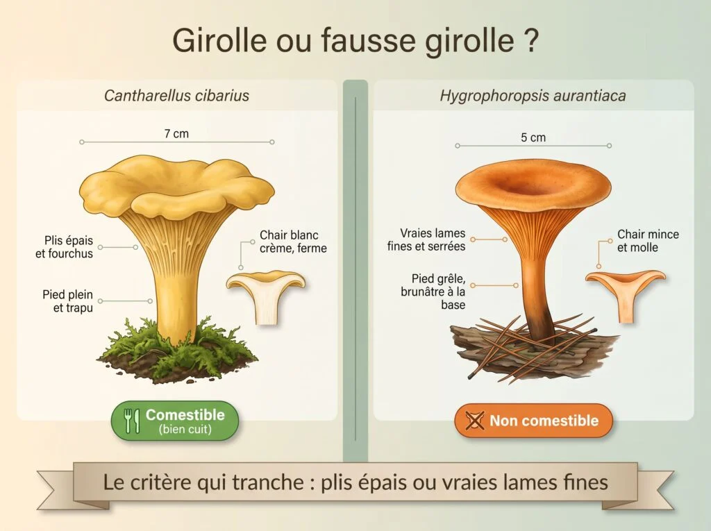 Girolle ou fausse girolle : comparaison — plis épais et fourchus, pied plein et chair blanc crème de la girolle ; vraies lames fines et serrées, pied grêle brunâtre et chair molle de la fausse girolle
