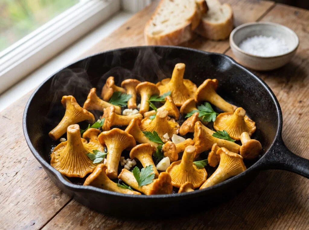 Girolles sautées en persillade à l'ail et au persil plat dans une poêle en fonte