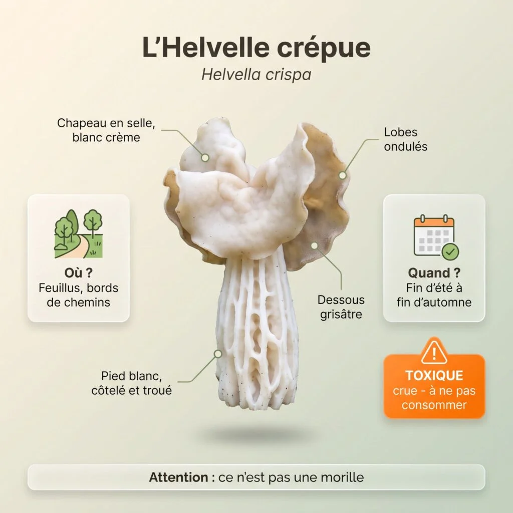 Infographie helvelle crépue : chapeau blanc crème en selle à lobes ondulés, dessous grisâtre, pied blanc côtelé et troué, toxique crue, fin d'été à fin d'automne