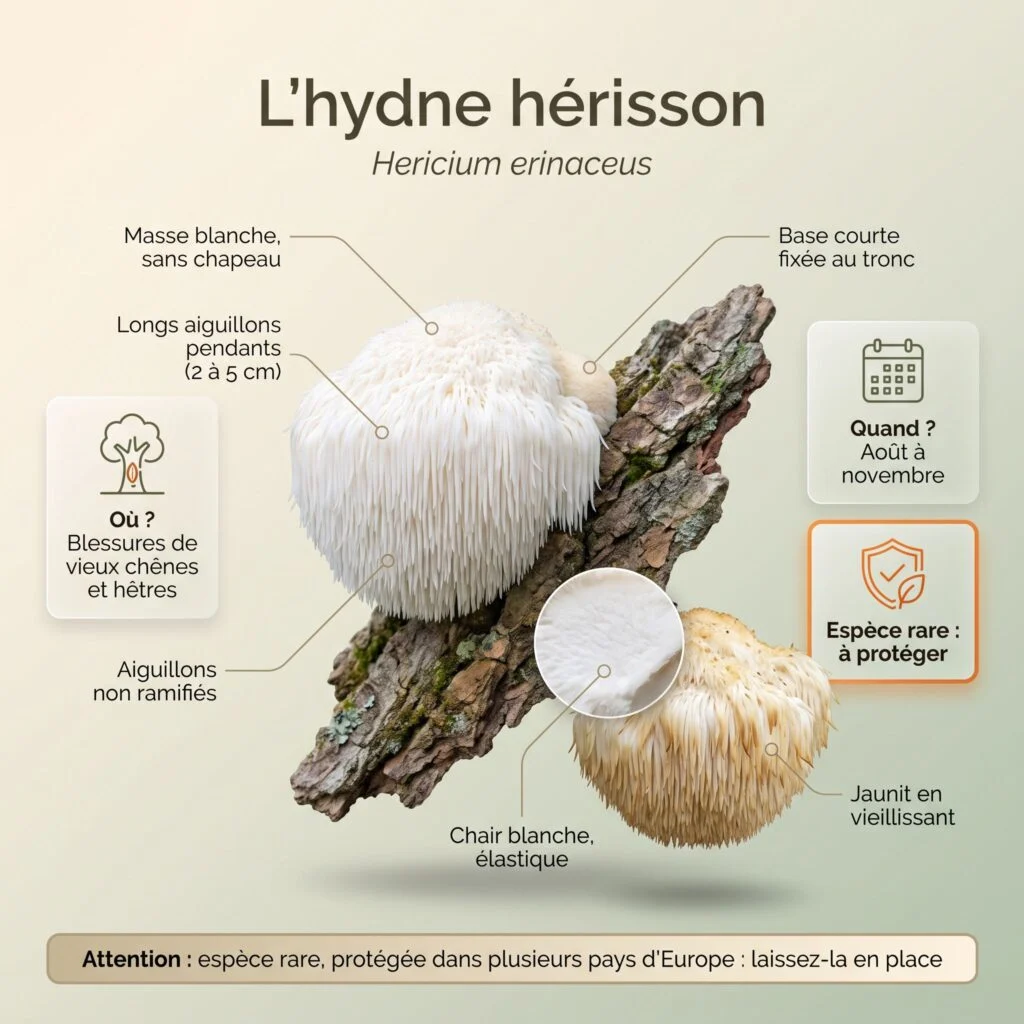 Infographie hydne hérisson : masse blanche sans chapeau, longs aiguillons pendants de 2 à 5 cm, base courte fixée au tronc d'un feuillu, chair blanche, jaunit en vieillissant, août à novembre, espèce rare à protéger