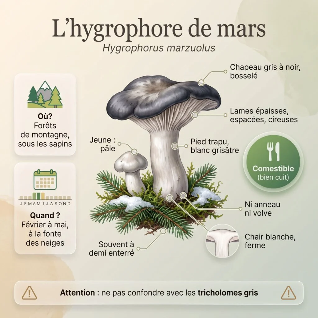 Infographie d'identification de l'hygrophore de mars : chapeau charnu gris à noir, lames épaisses espacées et cireuses, pied trapu blanc grisâtre sans anneau ni volve, sous les sapins à la fonte des neiges