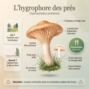 Hygrophore des prés (Cuphophyllus pratensis) : infographie d'identification
