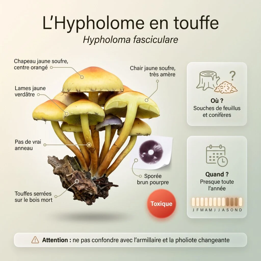 Infographie hypholome en touffe : touffe sur bois mort, chapeau jaune soufre à centre orangé, lames jaune verdâtre, pas de vrai anneau, chair jaune très amère, sporée brun pourpre, toxique