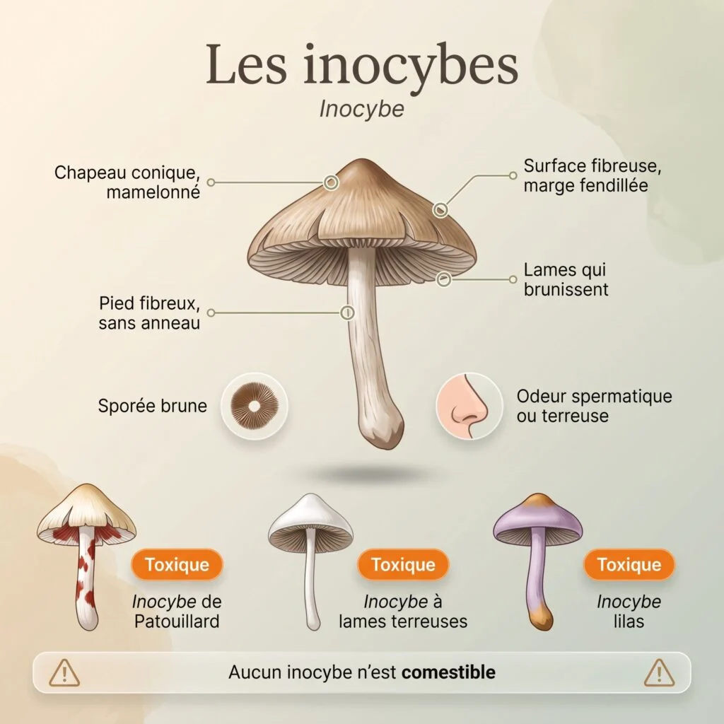 Planche des inocybes : chapeau conique mamelonné et fibreux à marge fendillée, lames qui brunissent, pied fibreux sans anneau, sporée brune ; inocybe de Patouillard, inocybe à lames terreuses et inocybe lilas, tous toxiques