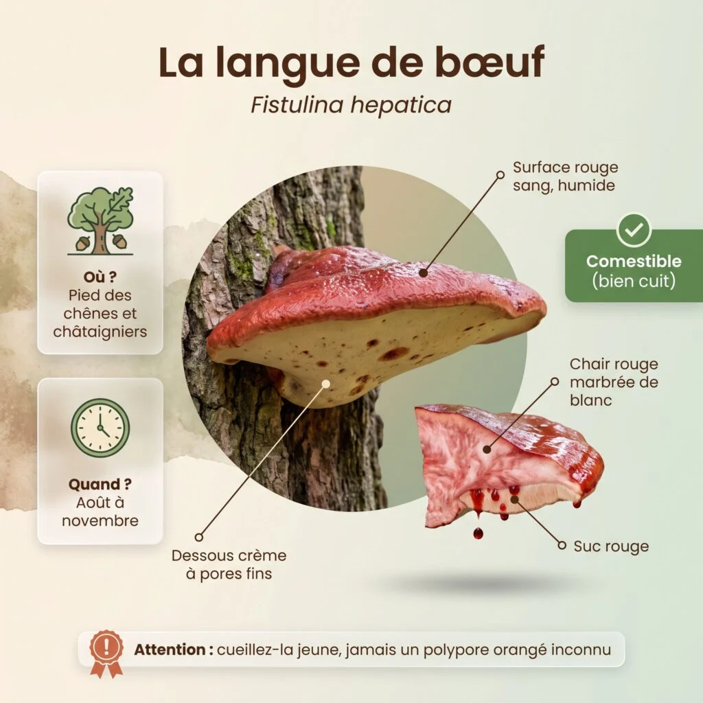 Infographie langue de bœuf : console rouge sang humide sur tronc de chêne, dessous crème à pores fins, chair rouge marbrée de blanc qui laisse perler un suc rouge, août à novembre