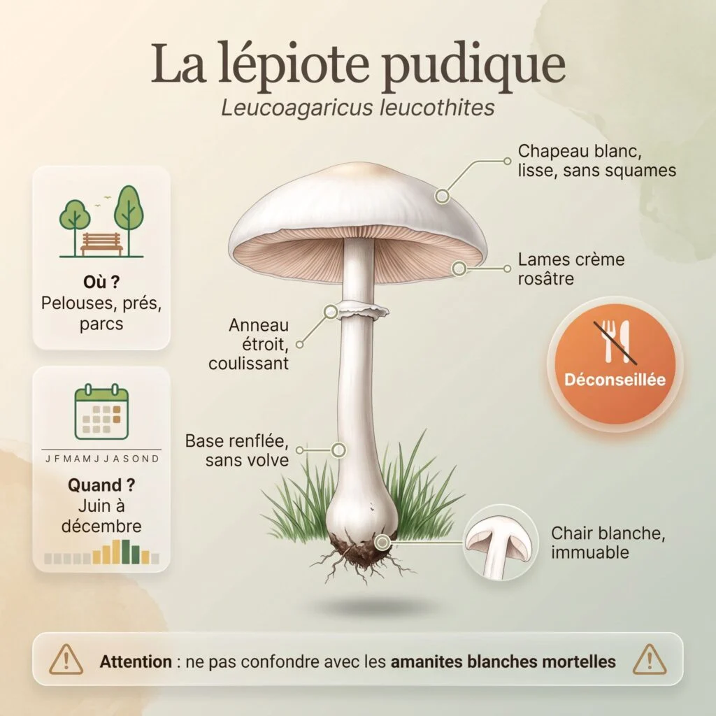 Infographie lépiote pudique (Leucoagaricus leucothites) : chapeau blanc lisse sans squames, lames crème rosâtre, anneau étroit coulissant, base renflée sans volve, pelouses de juin à décembre