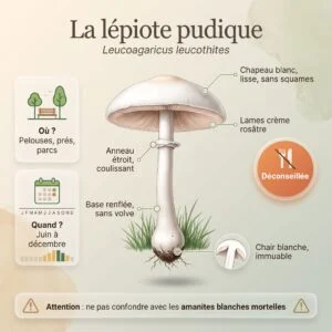 Lépiote pudique (Leucoagaricus leucothites) : infographie d'identification