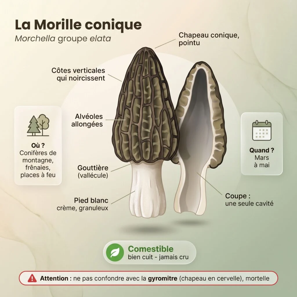 Infographie morille conique : chapeau conique aux côtes verticales noircissantes et alvéoles allongées, gouttière à la base du chapeau, pied blanc granuleux, coupe montrant une seule cavité creuse