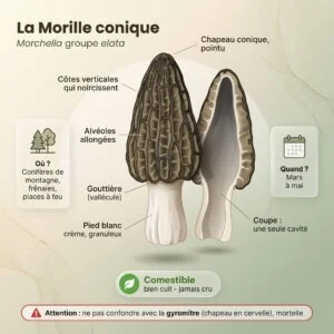 Morille conique (morille noire) (Morchella elata (groupe)) : infographie d'identification